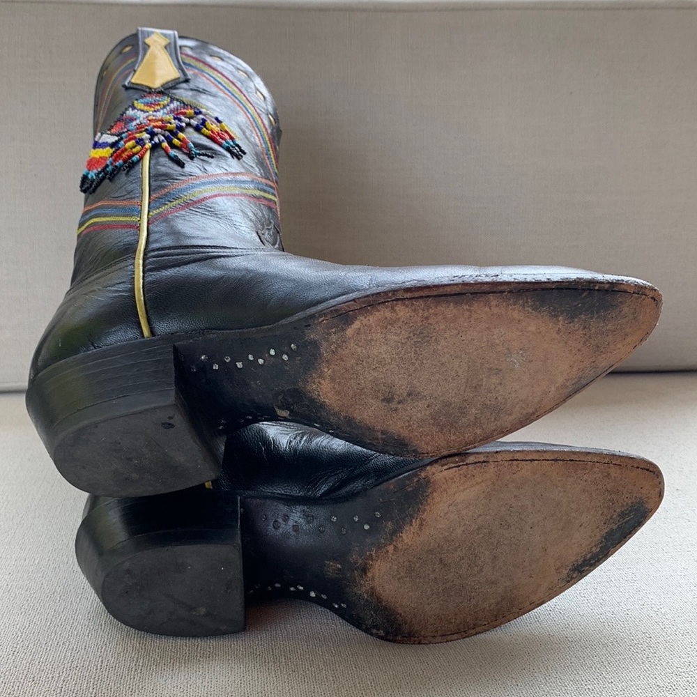 Larry Mahan Rare Vintage Aztec Beaded Fringe Black Leather Cowboy Western Boots - Picture 7 of 10